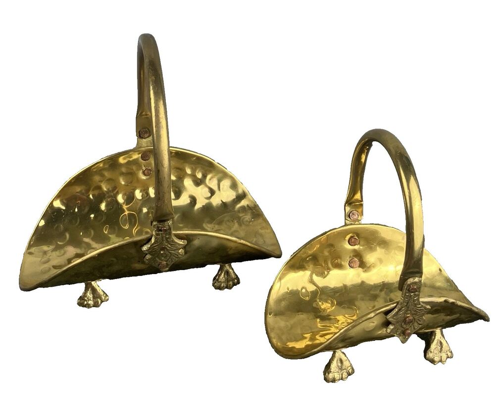 Hammered Footed Brass Trays (2) Small Stacking with Handles & Copper Rivets